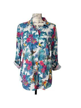Tommy Bahama Women Size S Linen Button-Up Top Tropical Jungle Shirt Parrot